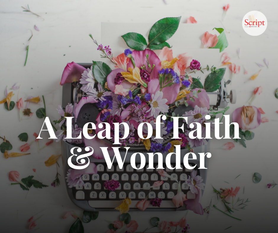 A keyboard with flowers and text reading "A Leap of Faith & Wonder" 